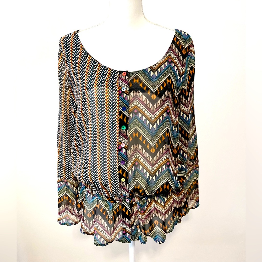 Desigual Boho Abstract Geo Colorful Print Top. Semi Sheer Drop Waist. Size Large